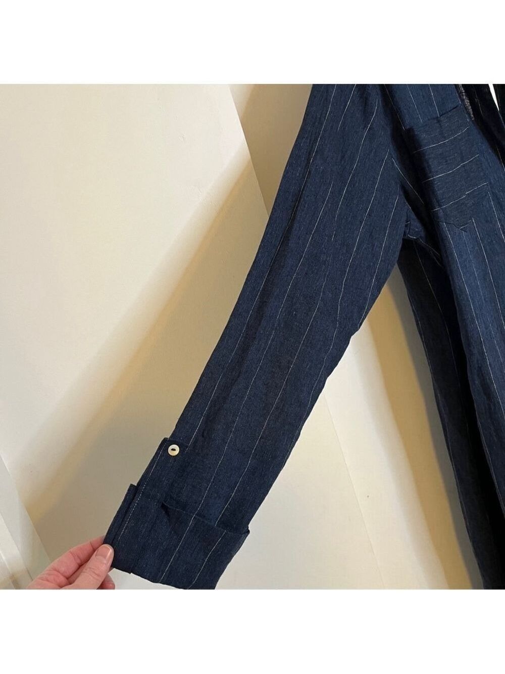 NWT Linen Blend Wrap Maxi Dress Conbipel Navy Pinstripe Italian L/XL - Picture 7 of 15